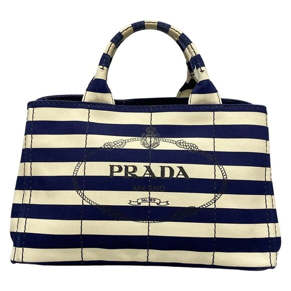 Auth PRADA Canapa B2642B Navy Cream Canvas Tote Bag - Picture 1 of 15